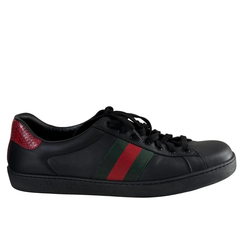 Gucci Ace Black Leather Web Stripe Sneakers Red Snakeskin Heel 386750 w/ Box